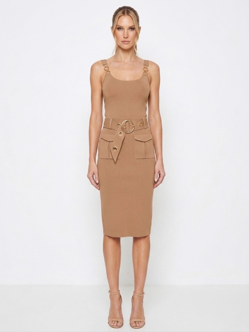 NY&Co 7th Avenue Belted Midi Skirt & Tank Set Camel/Tan Gold Ring Hardware - XS